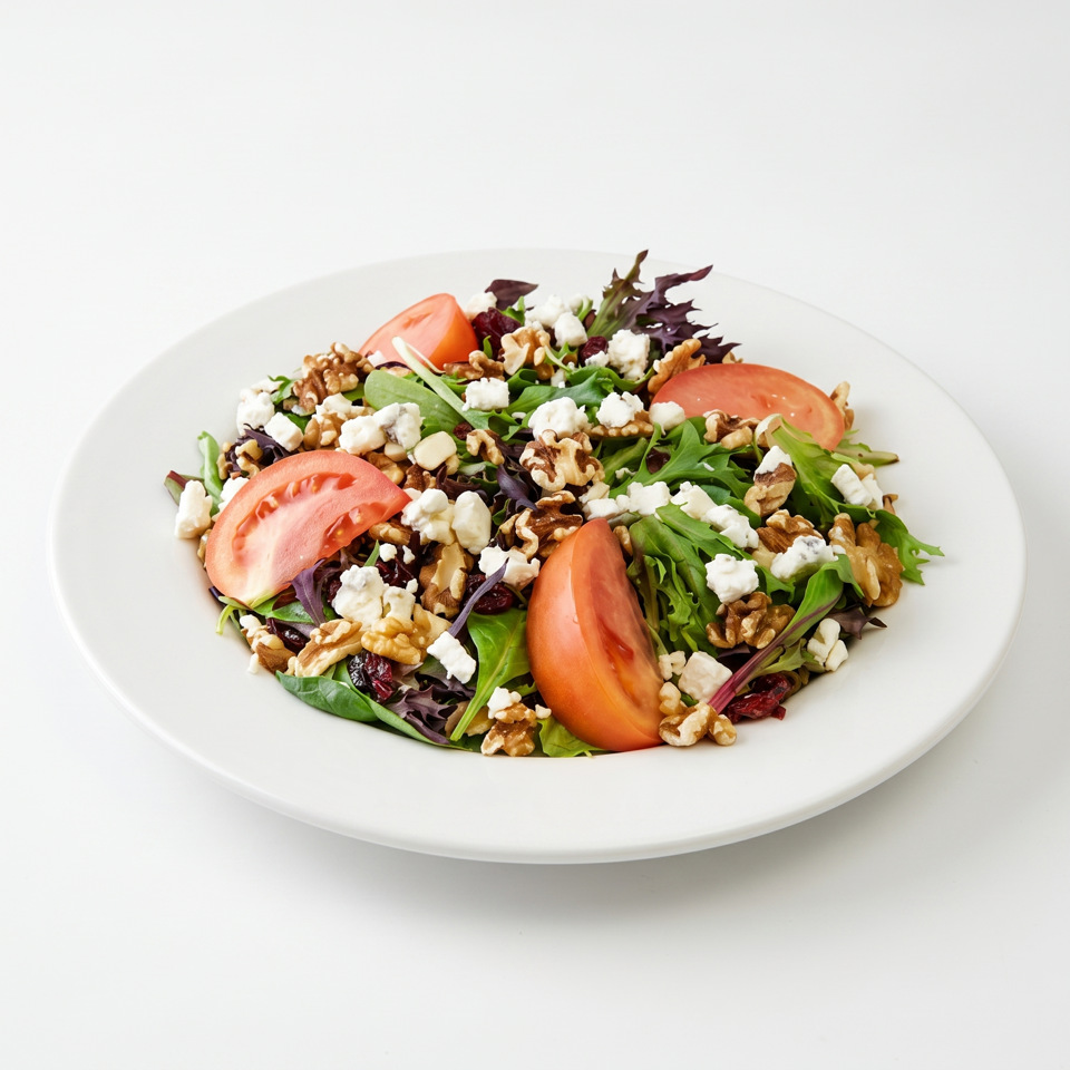 Fresh green salad with walnuts, feta cheese, dried cranberries, and tomato slices on a white plate.