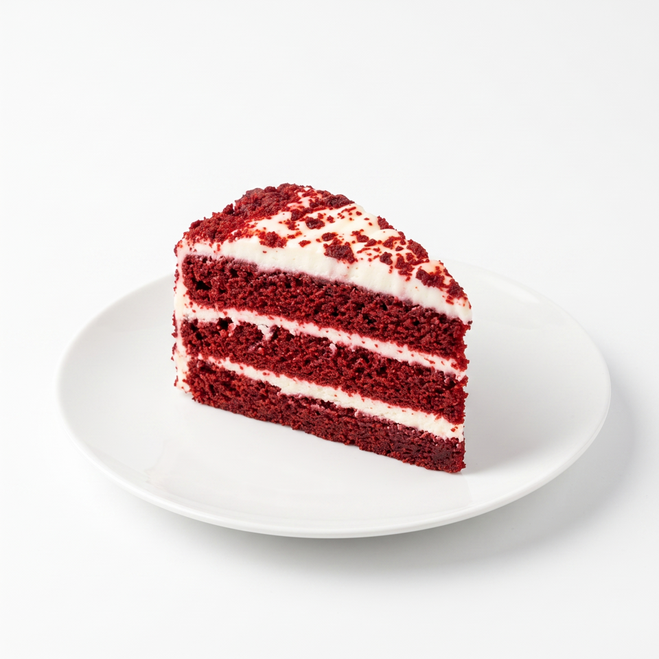 A slice of red velvet cake with white cream cheese frosting and red crumbs on a white plate.