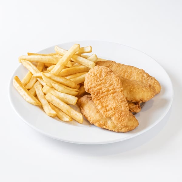 Crispy golden-brown chicken tenders and a pile of french fries on a white plate.