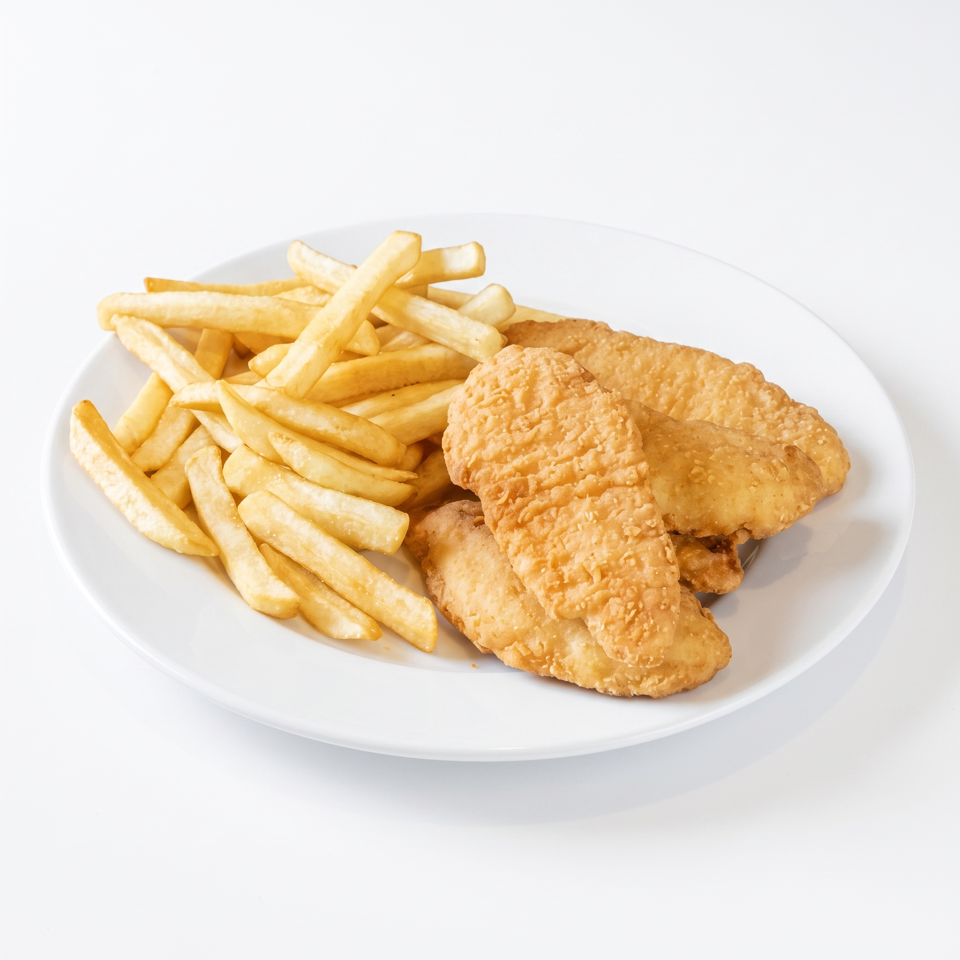 Crispy golden-brown chicken tenders and a pile of french fries on a white plate.