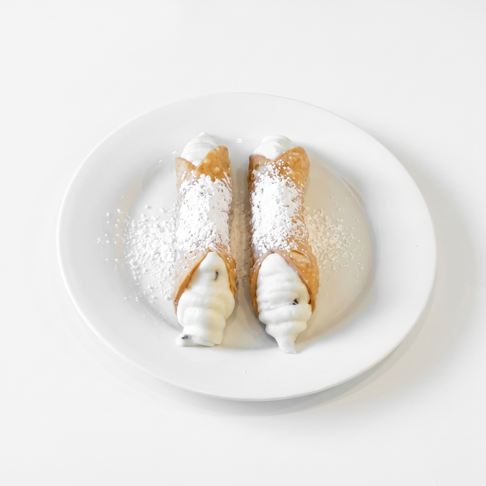 Two cannolis with powdered sugar and cream filling on a white plate.