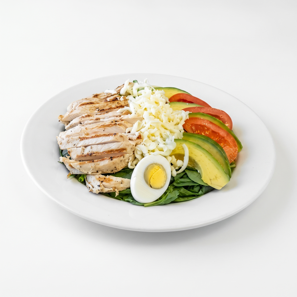 Grilled chicken salad with spinach, avocado, tomatoes, shredded cheese, and a hard-boiled egg.